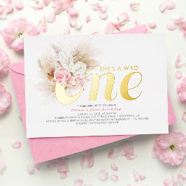 ピンクフローラワイルドワンの誕生日実在 箔招待状