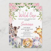 ピンクフローラワイルドワンサファリアニマルズ1st誕生日 招待状 (正面/裏面)