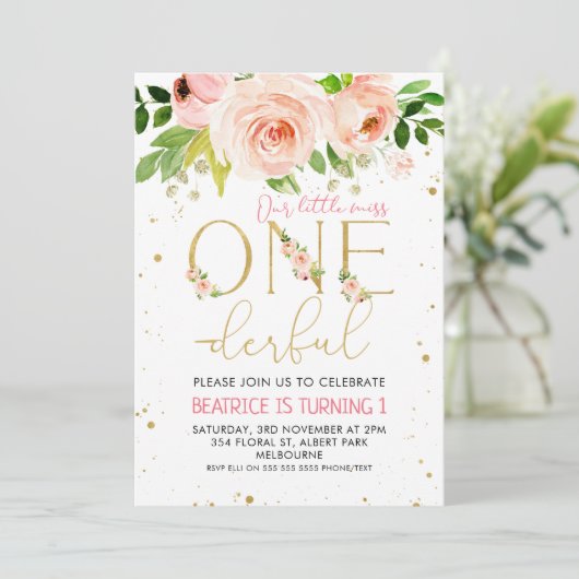 ピンクフローラワンダーフルガールズ誕生日招待状 招待状 (スタンド正面)