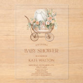 ピンクフローラヴィンテージベビーキャリッジベビーシャワー アクリル招待状 (正面)