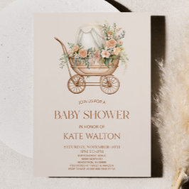 ピンクフローラヴィンテージベビーキャリッジベビーシャワー 招待状