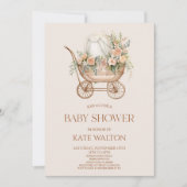 ピンクフローラヴィンテージベビーキャリッジベビーシャワー 招待状 (正面)
