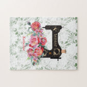 ピンクフローラヴィンテージ裁縫機パーソナライズされたJi ジグソーパズル (横)