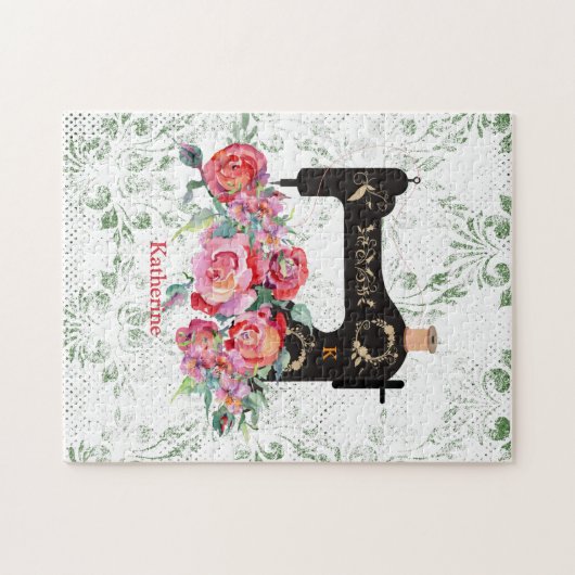 ピンクフローラヴィンテージ裁縫機パーソナライズされたJi ジグソーパズル (横)