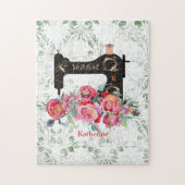 ピンクフローラヴィンテージ裁縫機パーソナライズされたJi ジグソーパズル (縦)