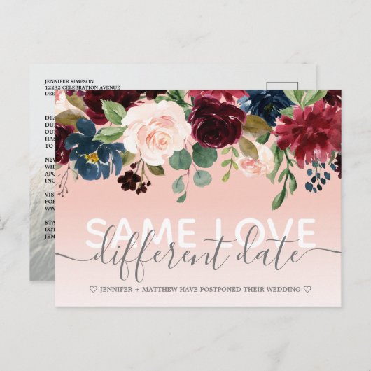ピンクフローラ他の日付結婚のタイポグラフィ写真 案内ポストカード (正面/裏面)
