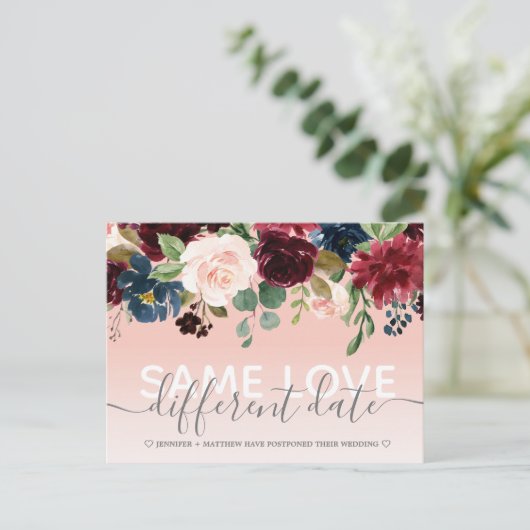 ピンクフローラ他の日付結婚のタイポグラフィ写真 案内ポストカード (スタンド正面)