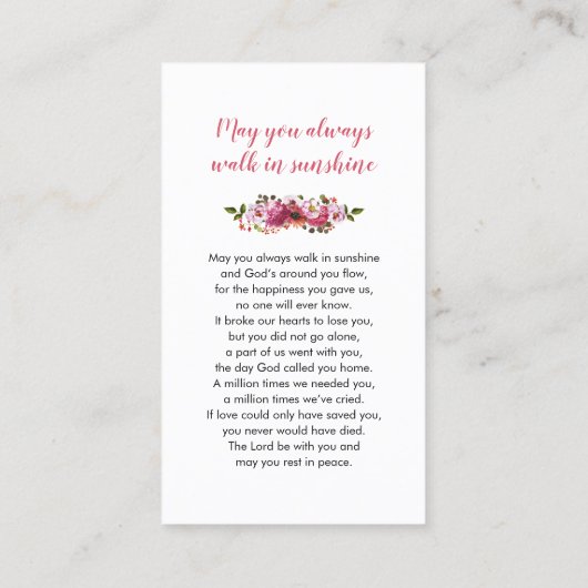 ピンクフローラ写真葬儀祈りの言葉カード 名刺 (裏面)