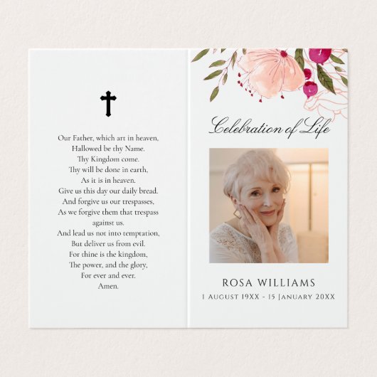 ピンクフローラ写真記念葬儀祈りの言葉カード 名刺 (外部フラット)