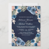 ピンクフローラ写真QRコード濃い青結婚色 招待状 (正面)