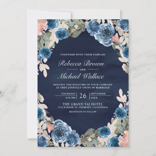 ピンクフローラ写真QRコード濃い青結婚色 招待状 (正面)