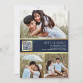 ピンクフローラ写真QRコード濃い青結婚色 招待状 (裏面)