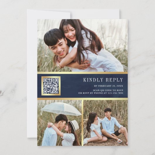 ピンクフローラ写真QRコード濃い青結婚色 招待状 (裏面)