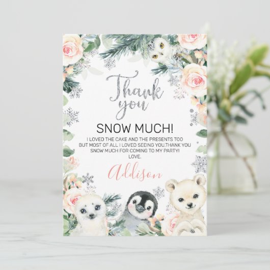 ピンクフローラ冬の動物誕生日サンキューカード 招待状 (スタンド正面)