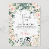 ピンクフローラ冬の動物誕生日サンキューカード 招待状 (正面/裏面)