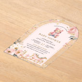 ピンクフローラ冬テディベアアーチベイビーシャワー アクリル招待状 (レイダウン)