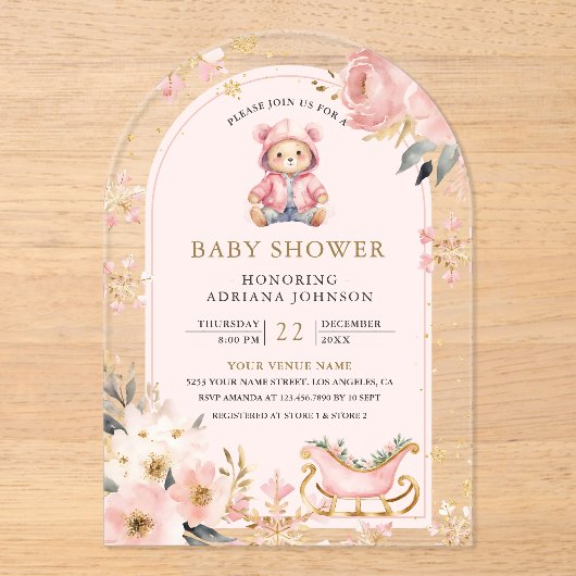 ピンクフローラ冬テディベアアーチベイビーシャワー アクリル招待状 (正面)