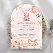 ピンクフローラ冬テディベアアーチベイビーシャワー 招待状