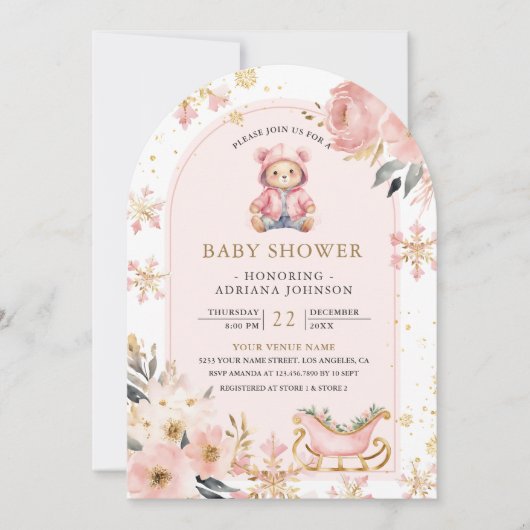 ピンクフローラ冬テディベアアーチベイビーシャワー 招待状 (正面)