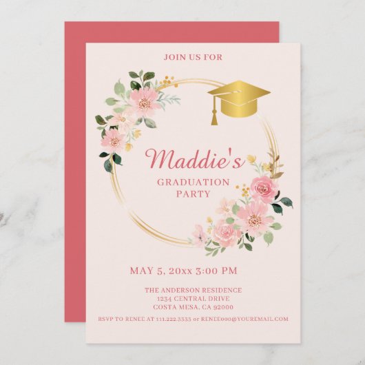 ピンクフローラ卒業招待状 案内状 (正面/裏面)