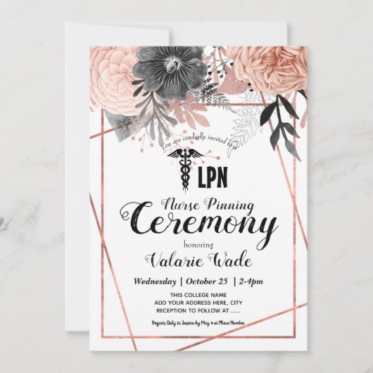 ピンクフローラ卒業LPNナースピン留め式 招待状 (正面)