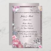 ピンクフローラ及び蝶婚約パーティ招待状 招待状 (正面/裏面)
