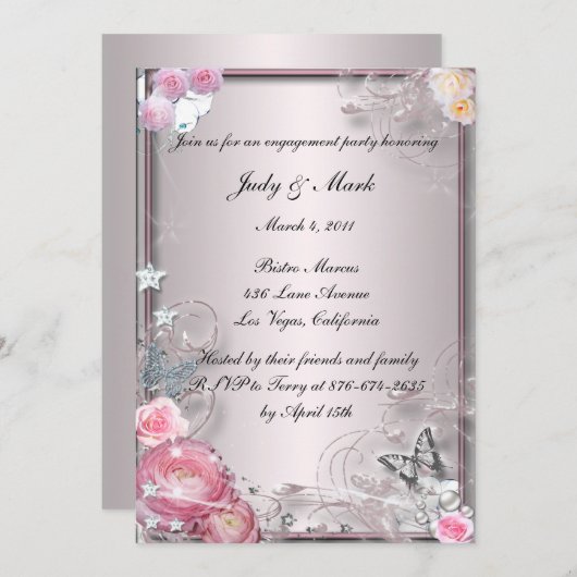 ピンクフローラ及び蝶婚約パーティ招待状 招待状 (正面/裏面)