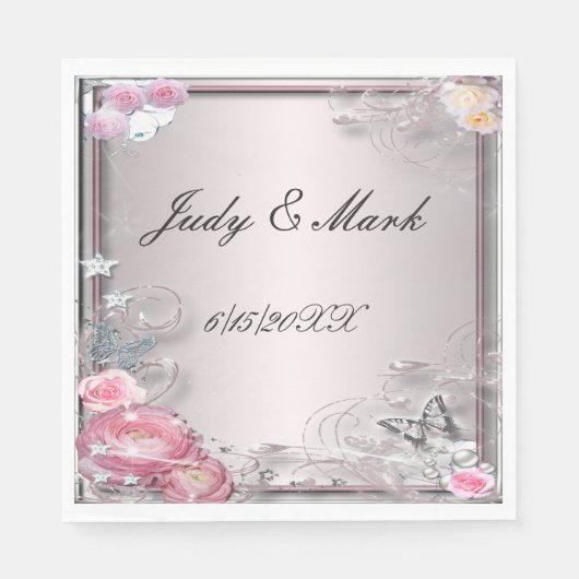 ピンクフローラ及び蝶紙ナプキン スタンダードランチョンナプキン (正面)