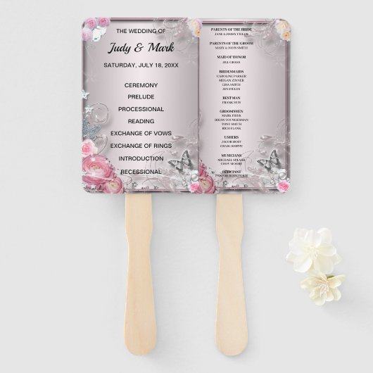 ピンクフローラ及び蝶結婚式 プログラム ハンドファン (正面&裏面)