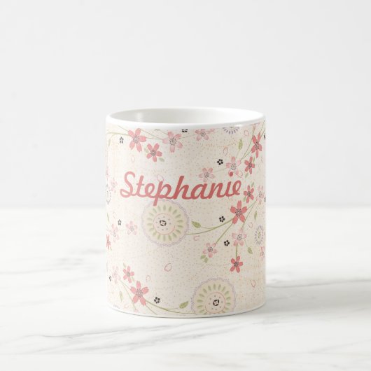 ピンクフローラ名前をカスタムするコーヒーマグ コーヒーマグカップ (中央)