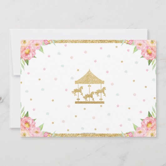 ピンクフローラ回転木馬1st誕生日ガールと写真 招待状 (裏面)