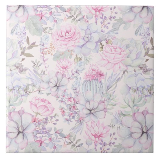 ピンクフローラ多肉性イラストレーション夏パターン タイル (正面)