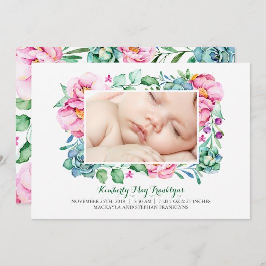 ピンクフローラ多肉花花束生誕発表 案内状 (正面/裏面)