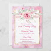 ピンクフローラ大理石グリッター金ゴールド誕生日パーティー 招待状 (正面)