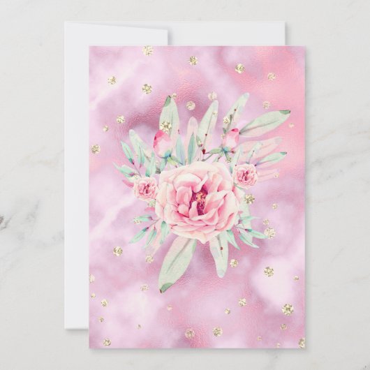 ピンクフローラ大理石グリッター金ゴールド誕生日パーティー 招待状 (裏面)