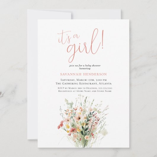 ピンクフローラ女の子の赤ちゃんシャワー 招待状 (正面)