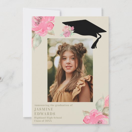 ピンクフローラ女子の写真卒業 案内状 (正面)