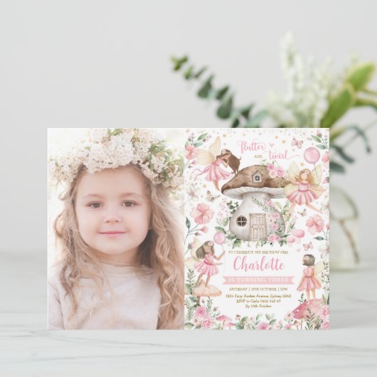 ピンクフローラ妖精プリンセスガーデン誕生日写真 招待状 (スタンド正面)