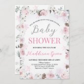 ピンクフローラ小さなスノーフレーク赤ちゃんシャワー 招待状 (正面/裏面)
