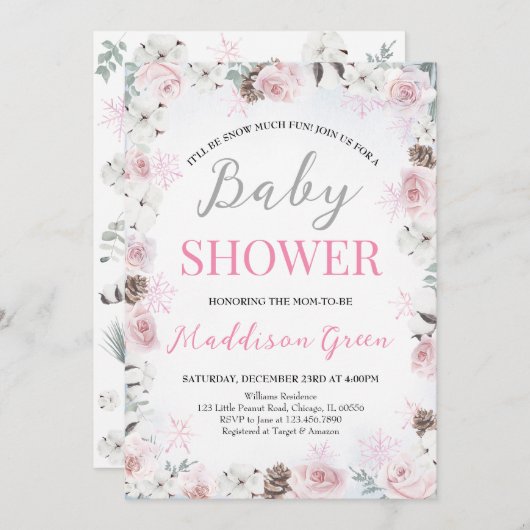 ピンクフローラ小さなスノーフレーク赤ちゃんシャワー 招待状 (正面/裏面)