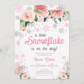 ピンクフローラ小さなスノーフレーク赤ちゃんシャワー 招待状 (正面/裏面)