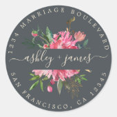 ピンクフローラ差出人住所ブラック封筒用シール ラウンドシール (正面)