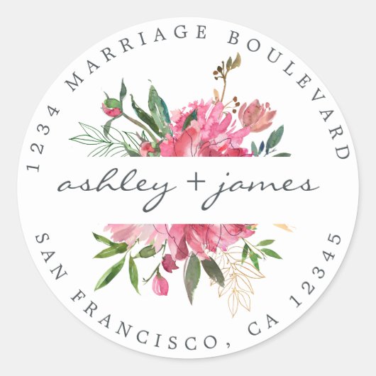 ピンクフローラ差出人住所ホワイト封筒用シール ラウンドシール (正面)
