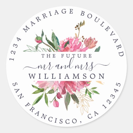 ピンクフローラ差出人住所ホワイト封筒用シール ラウンドシール (正面)