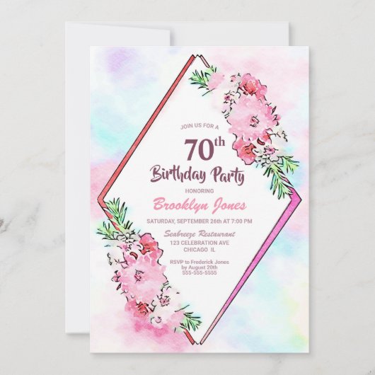 ピンクフローラ幾何学模様70誕生日 招待状 (正面)