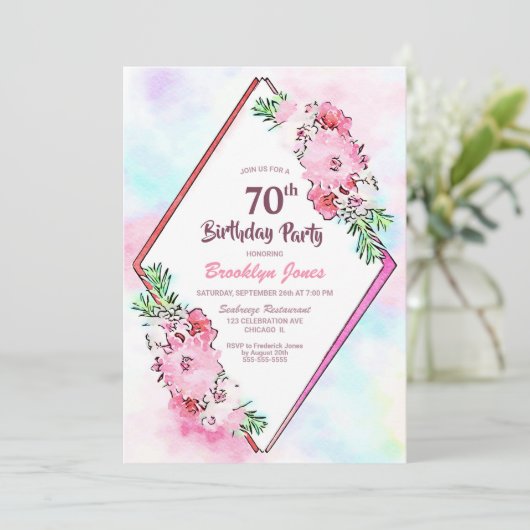 ピンクフローラ幾何学模様70誕生日 招待状 (スタンド正面)
