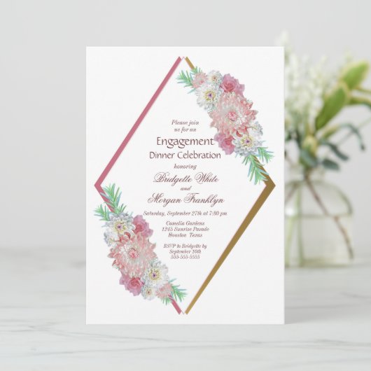 ピンクフローラ幾何学的婚約ディナー 招待状 (スタンド正面)