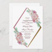 ピンクフローラ幾何学的婚約ディナー 招待状 (正面/裏面)
