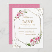 ピンクフローラ幾何学的金ゴールドフレームイ結婚スラーム 出欠カード (正面/裏面)