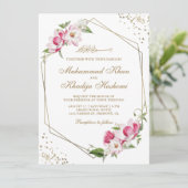 ピンクフローラ幾何学的金ゴールドフレームイ結婚スラーム 招待状 (スタンド正面)